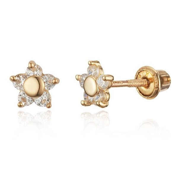 14k Yellow Gold CZ Stud Flower Earrings